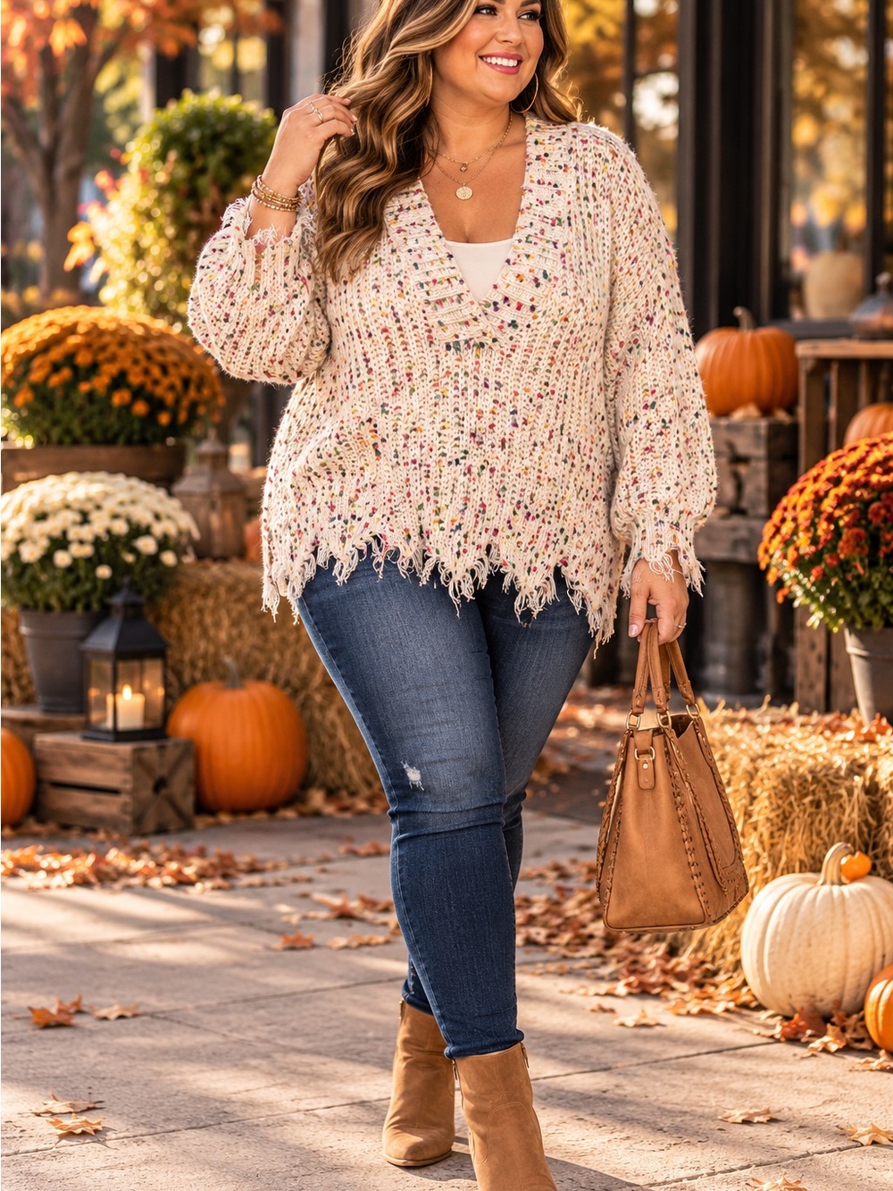 Main Strip NWT Confetti Knit Distressed Sweater – Cream Multicolor